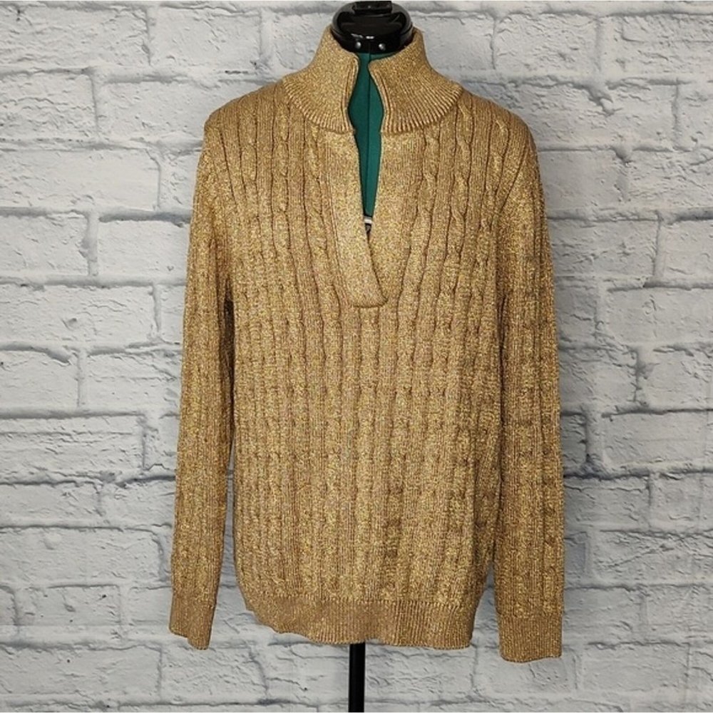 LAUREN Ralph Lauren women's metallic gold knit cotton blend pop over sweater 1X